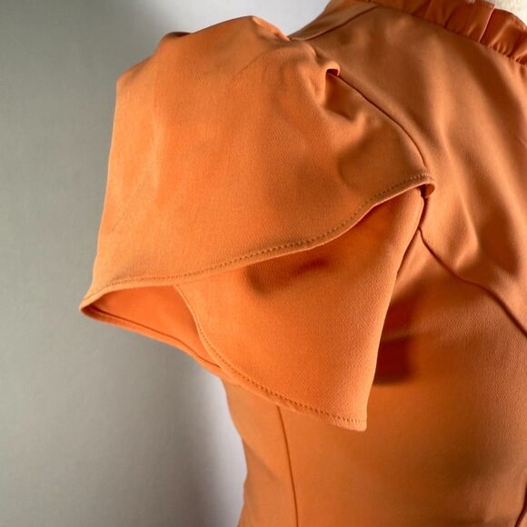 Nanette Lepore Peachy Orange Pencil Dress Tulip Sleeves Ruffle V-Neck Sz 8 2/$50 - Picture 5 of 13